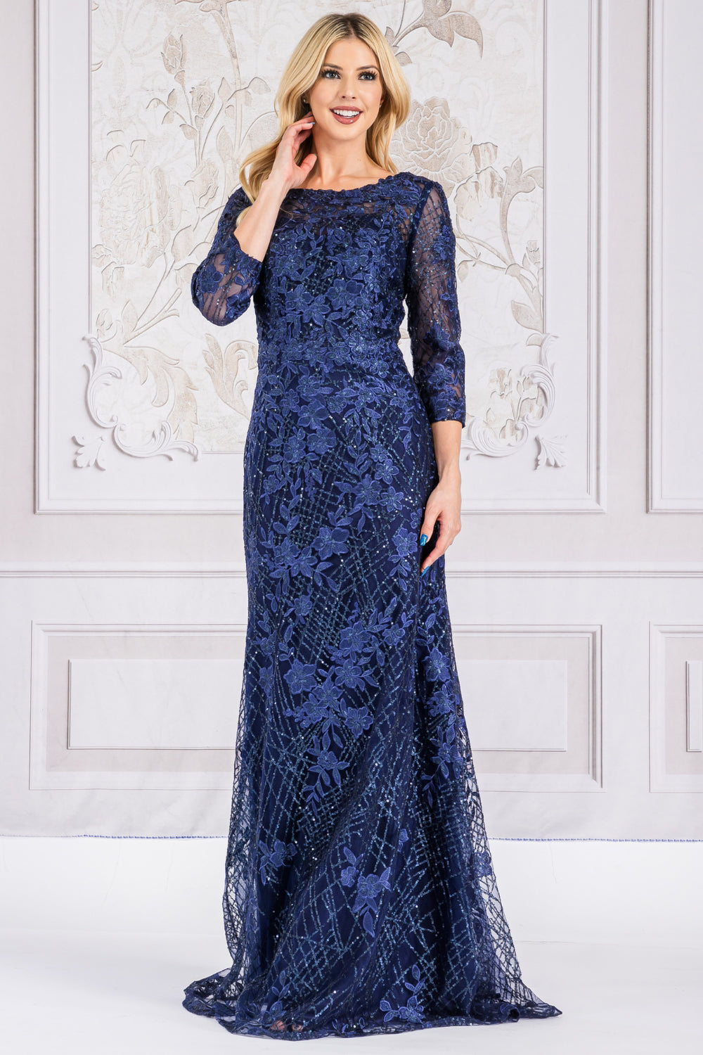 mid length fitted dress Amelia Couture 7045 Long Mid-Sleeve Scoop Neckline Fitted Dress – Bridal  Hive