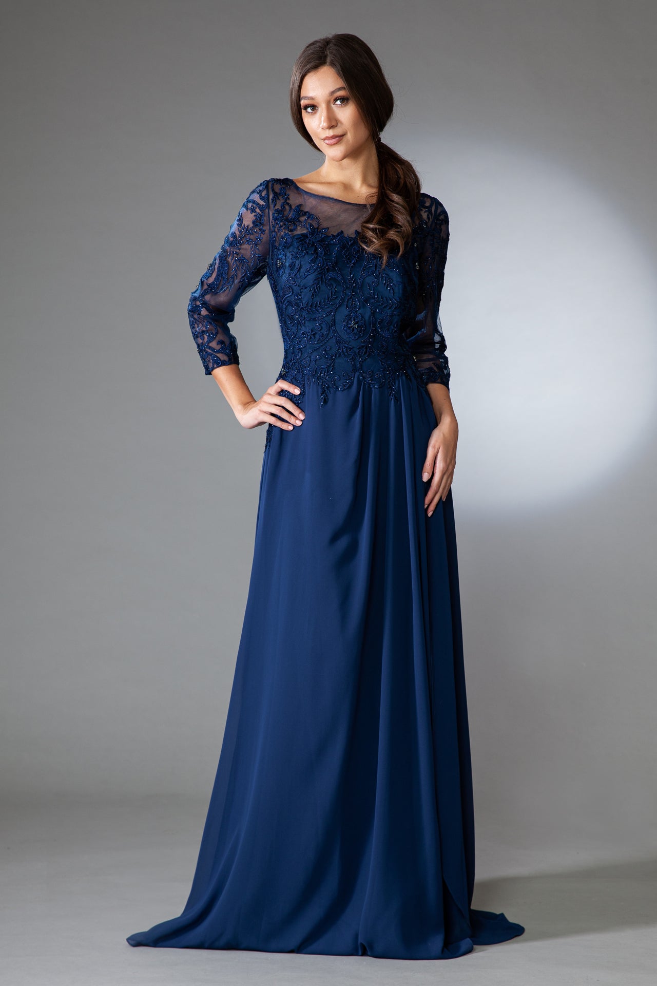 EMBROIDERED 3/4 SLEEVE CHIFFON GOWN BY AMELIA COUTURE 7043 Bridal Hive EMBROIDERED 3/4 SLEEVE CHIFFON GOWN BY AMELIA COUTURE 7043 Bridal Hive