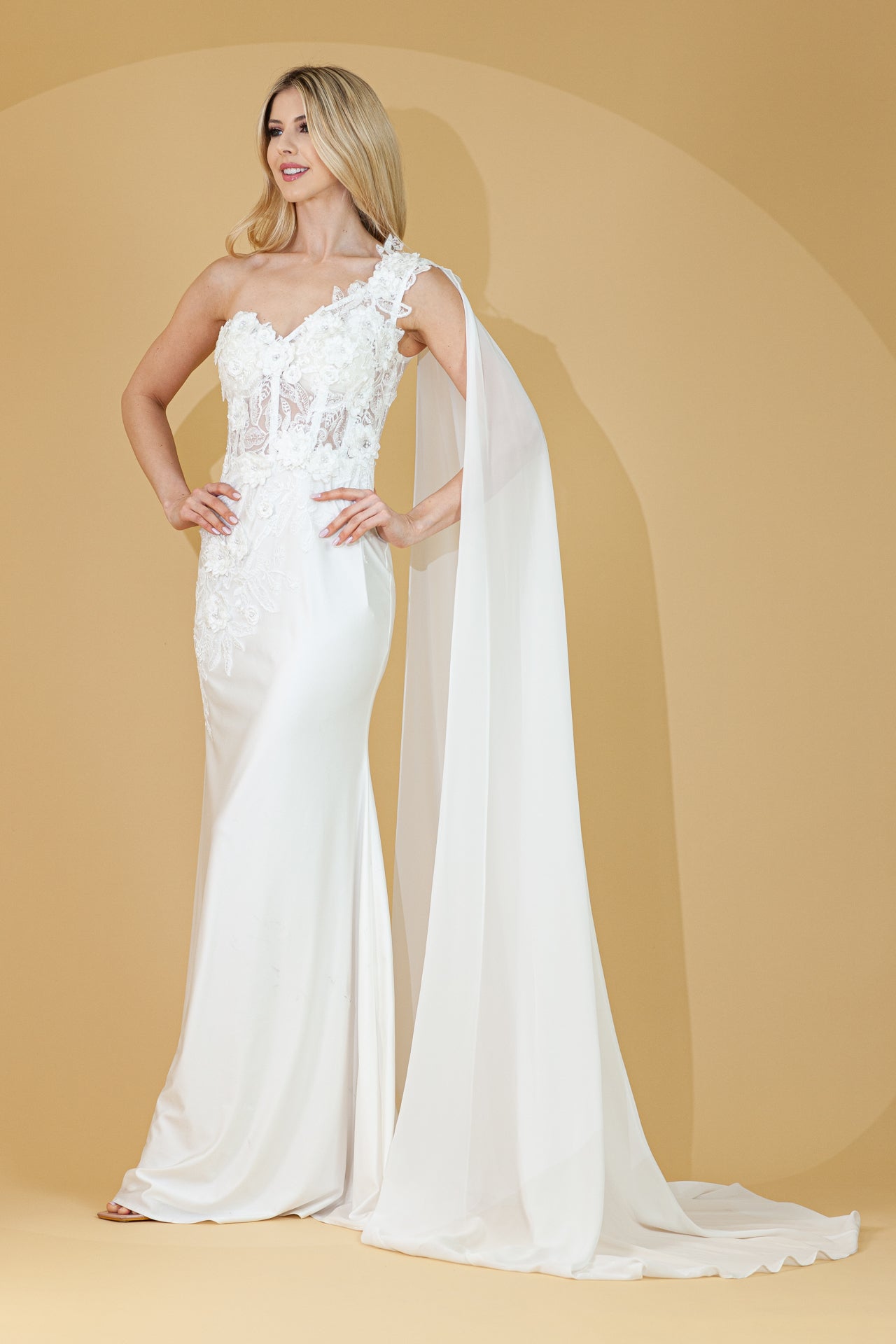 Amelia Couture 388 Long One Shoulder Draping Cape Bustier Bodice Dress White / 12 Amelia Couture 388 Long One Shoulder Draping Cape Bustier Bodice Dress White / 12