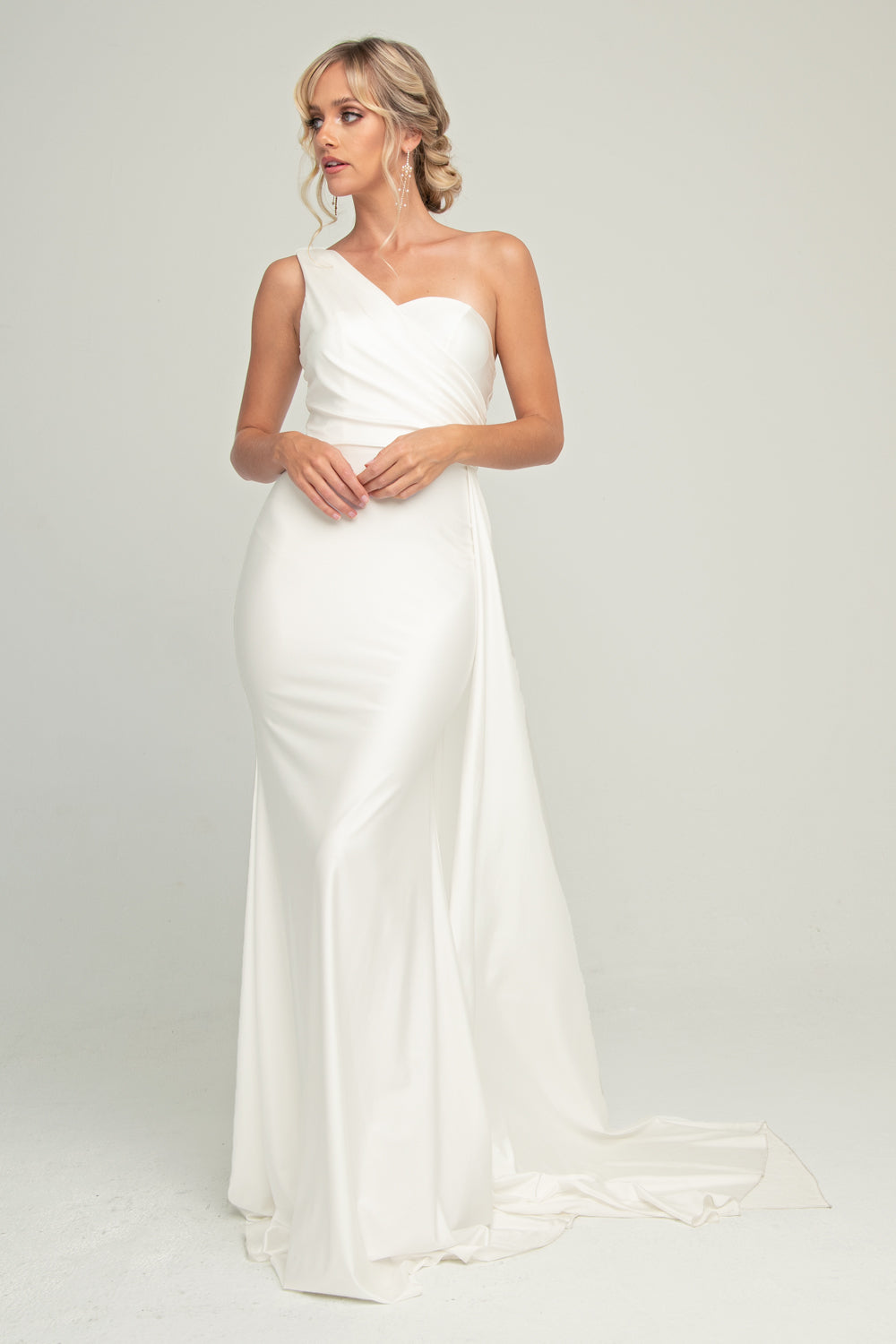 Amelia Couture 387 Long One Shoulder Fitted Fit and Flare Lycra Bridal Gown Side Sash Bridal Hive Amelia Couture 387 Long One Shoulder Fitted Fit and Flare Lycra Bridal Gown Side Sash Bridal Hive