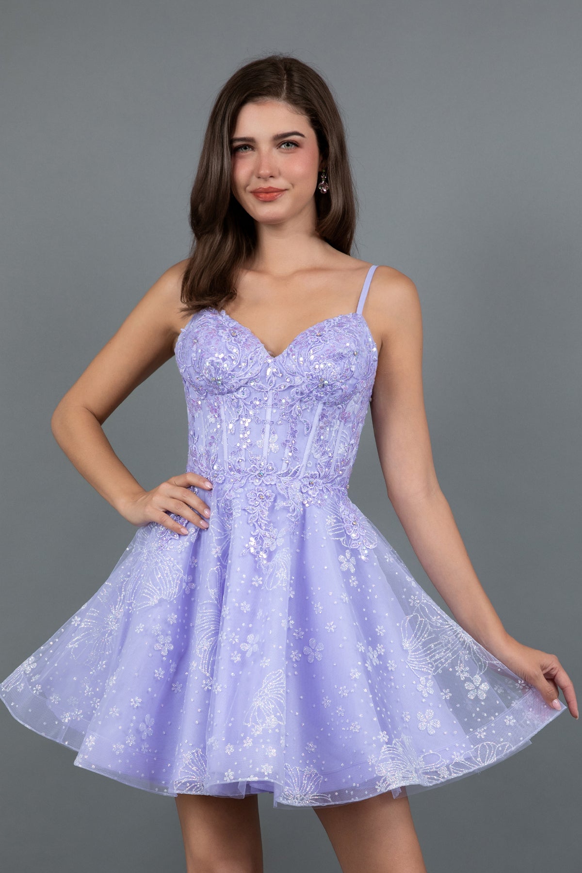Juliet JT985L - A-Line Sparkling Short Dress With Floral Glitter