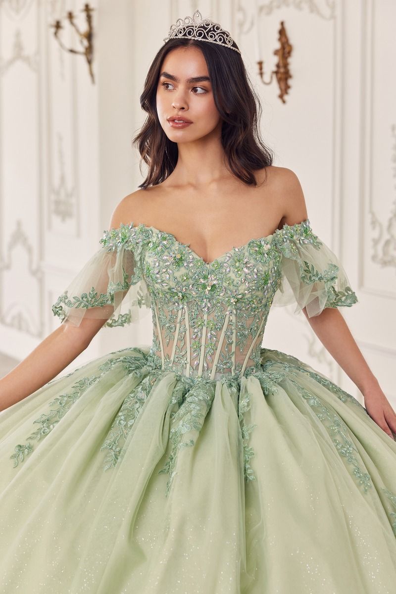 off the shoulder flutter sleeve dress OFF THE SHOULDER FLUTTER SLEEVE QUINCEANERA BALL GOWN BY LADIVINE 15725 SAGE / S