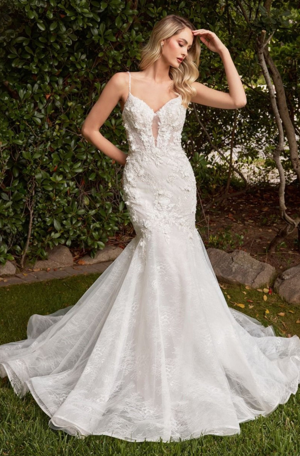 Ladivine CD856W Long Layered Lace Fitted Mermaid Wedding Gown OFF White / 4 Ladivine CD856W Long Layered Lace Fitted Mermaid Wedding Gown OFF White / 4