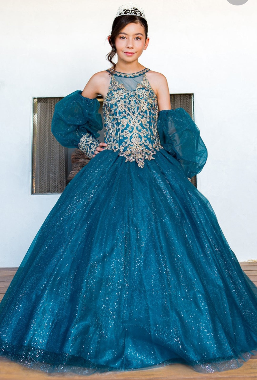 Girls Applique Puff Sleeve Gown by Cinderella Couture 5114 & 5114X Champagne / 14