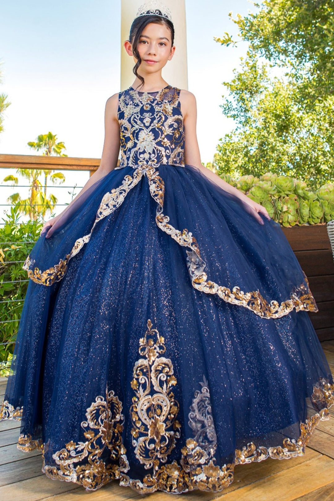 Illusion High Neck Floor Length Glitter Tulle Quinceanera Ball Gown with Gold Lace Appliques Cinderella Couture 5163 - Navy / 10 Illusion High Neck Floor Length Glitter Tulle Quinceanera Ball Gown with Gold Lace Appliques Cinderella Couture 5163 - Navy / 10