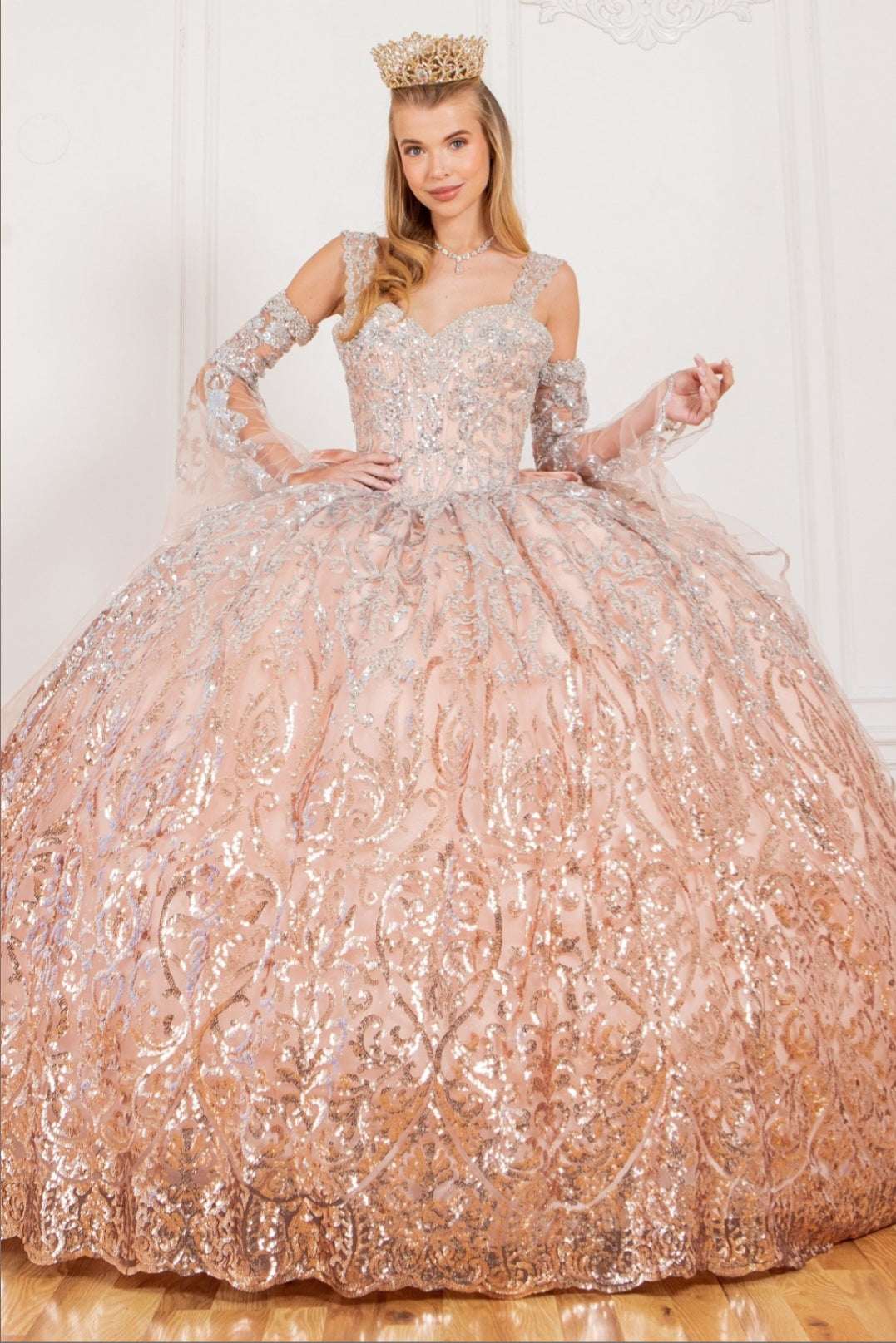 QUINCEANERA BALL GOWN DETACHEABLE BELL SLEEVES AND OVERSIZE BOW BY  CINDERELLA COUTURE 8080J – Bridal Hive