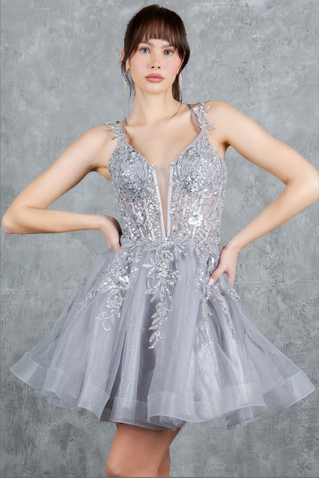 short cinderella dress Applique V-Neck by Couture 8298J CHAMPAGNE / 3XL Product ID:AP1E208349_AA544_M Seraphim Floral Lace Maxi For best results Size:Custom-tailoring