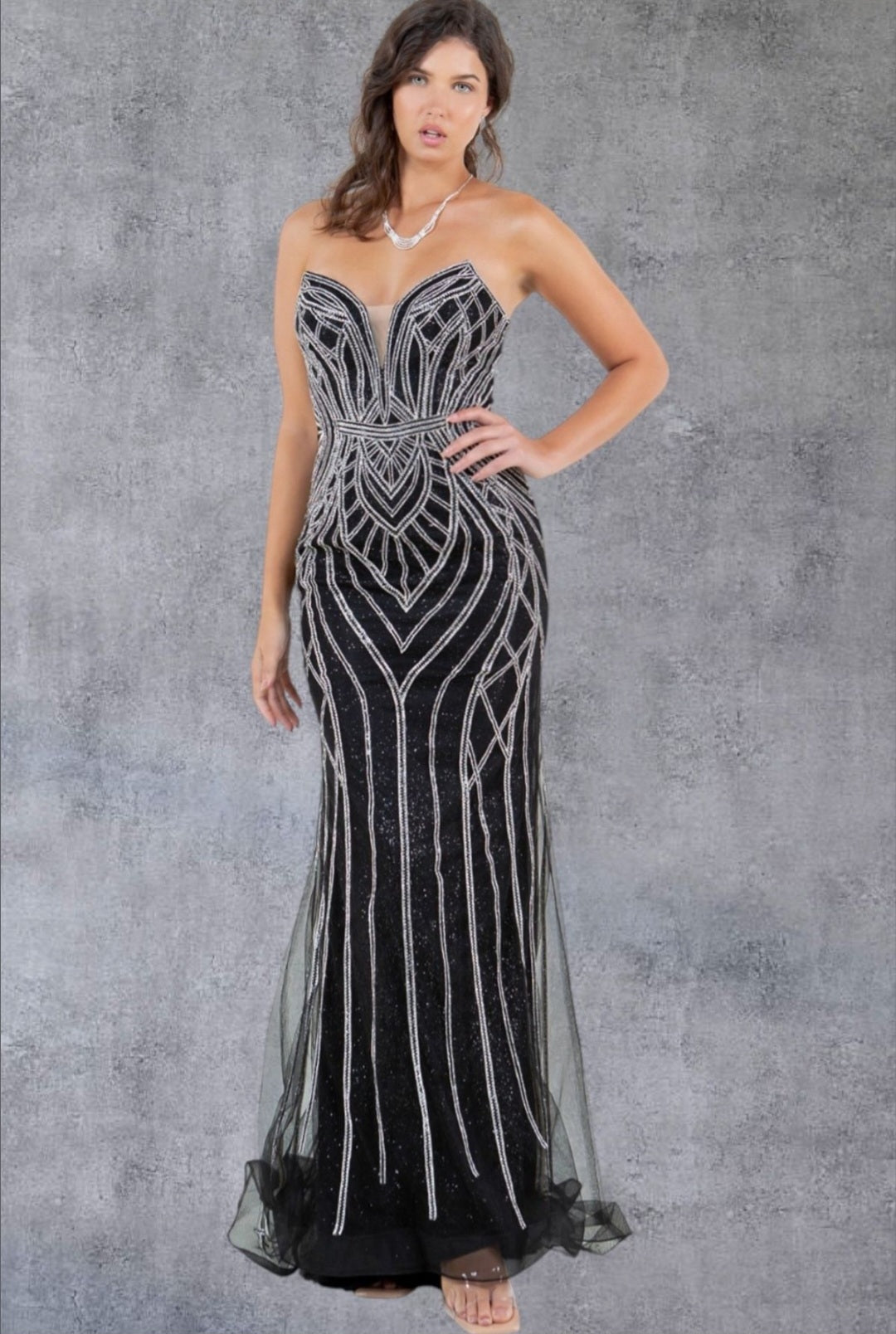 cinderella dress silver STRAPLESS SILVER STONE GLAM GOWN BY CINDERELLA COUTURE 8221J Black /SILVER / XL