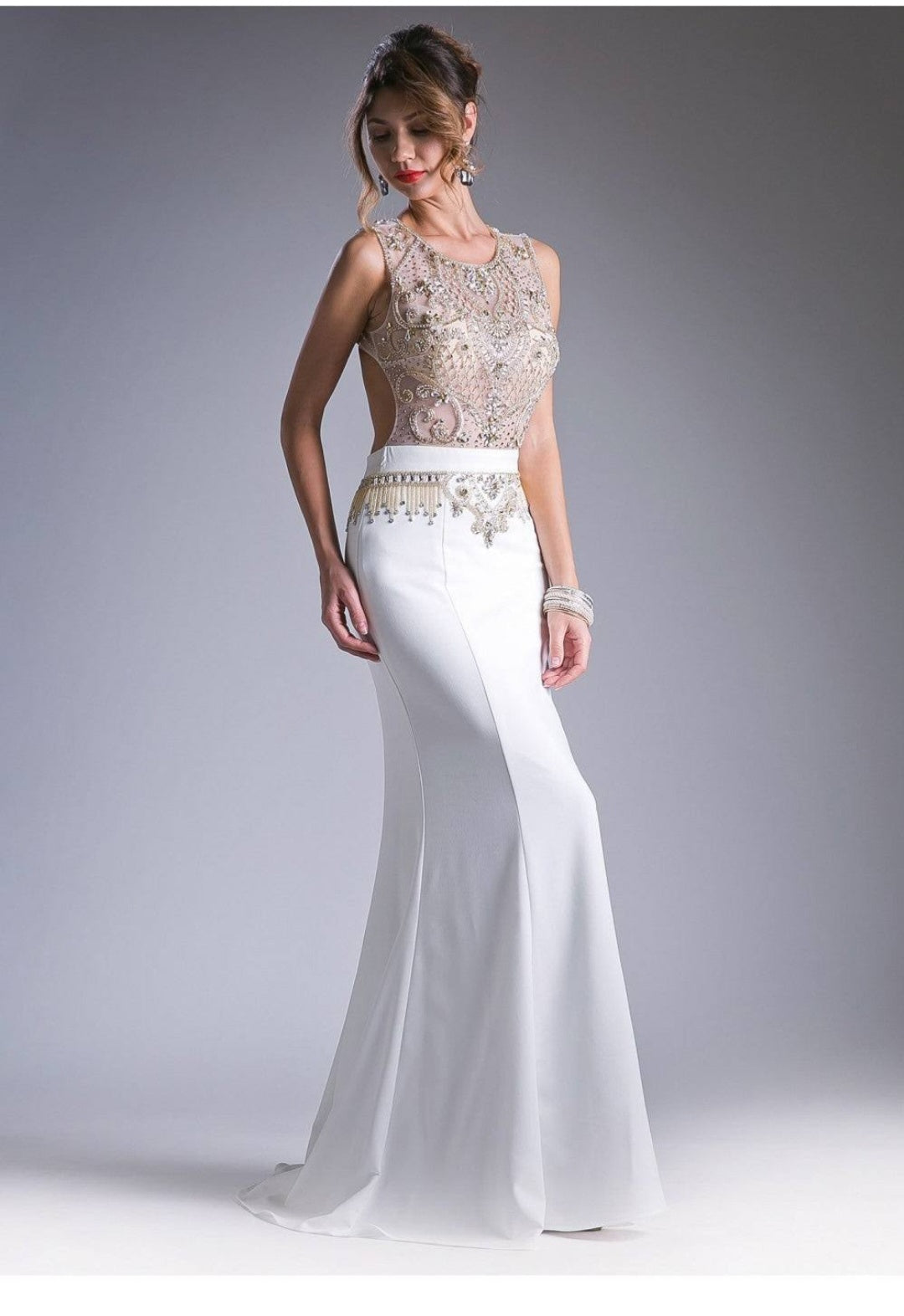 Cream Cut-Out Back Long Dress Illusion Beaded Top BY CINDERELLA DIVINE CJ232 Bridal Hive Cream Cut-Out Back Long Dress Illusion Beaded Top BY CINDERELLA DIVINE CJ232 Bridal Hive