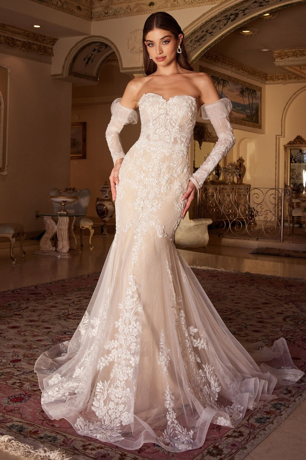 LACE MERMAID BRIDAL GOWN WITH REMOVABLE SLEEVES BY CINDERELLA DIVINE WL008 Bridal Hive LACE MERMAID BRIDAL GOWN WITH REMOVABLE SLEEVES BY CINDERELLA DIVINE WL008 Bridal Hive