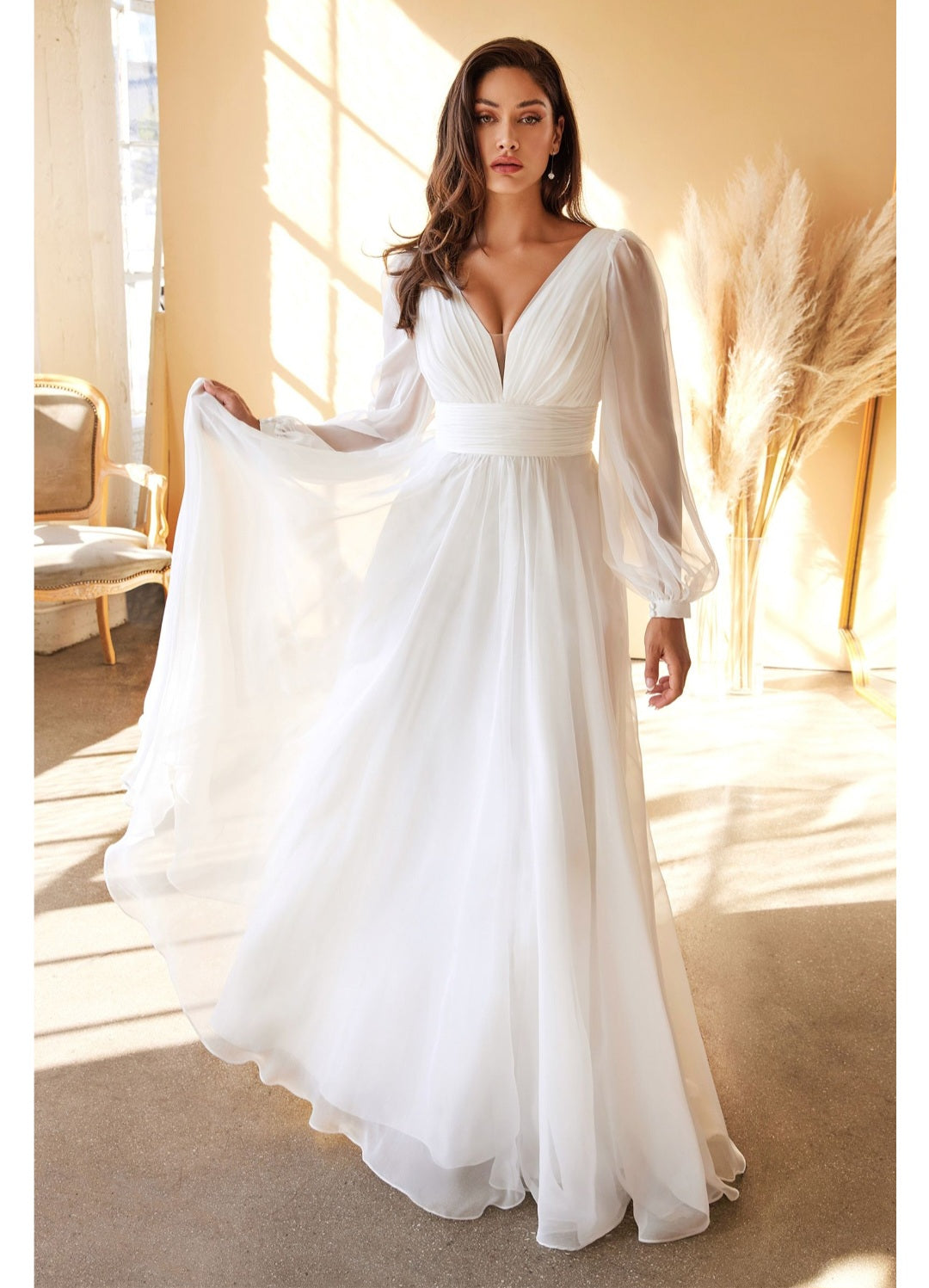 Long Sleeve A-Line Chiffon Dress by Cinderella Divine WEDDING GOWN