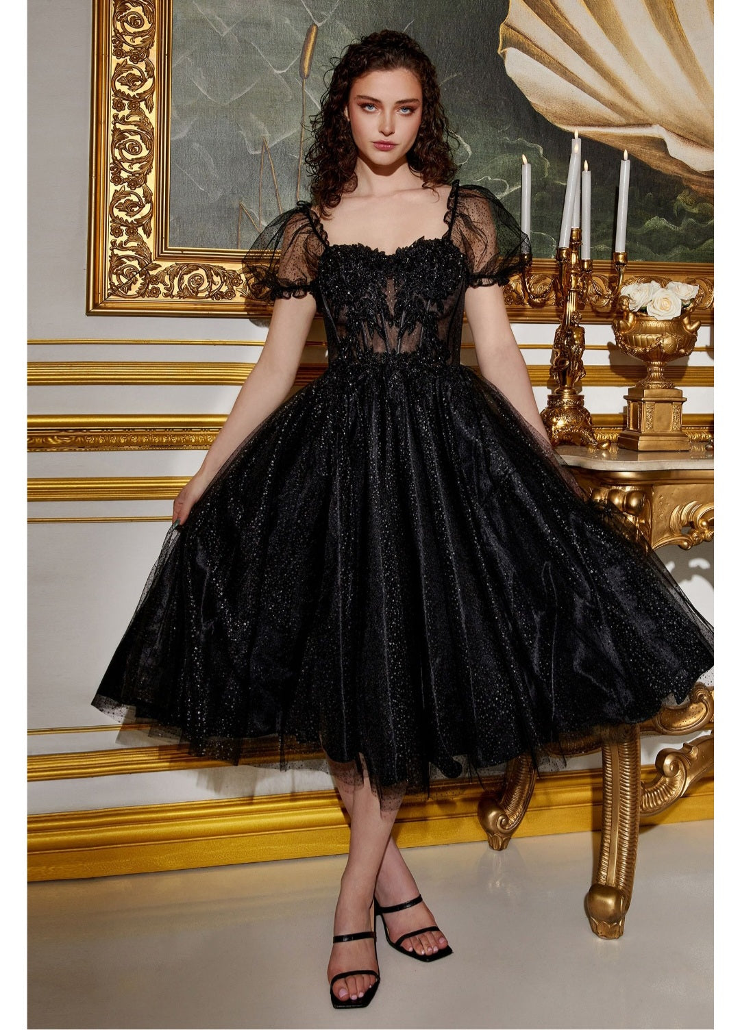 Ladivine CD0187 Tea Length Layered Tulle Dress with Short Puff Sleeves Bridal Hive Ladivine CD0187 Tea Length Layered Tulle Dress with Short Puff Sleeves Bridal Hive