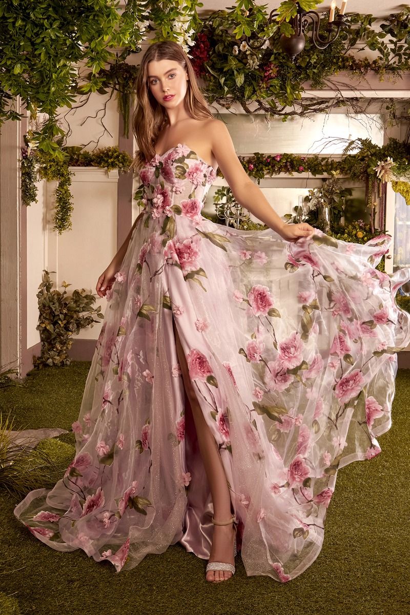 Strapless Organza Ball Gown With Floral Print by Andrea and Leo -A1035, MULTI Strapless Organza Ball Gown With Floral Print by Andrea and Leo -A1035, MULTI