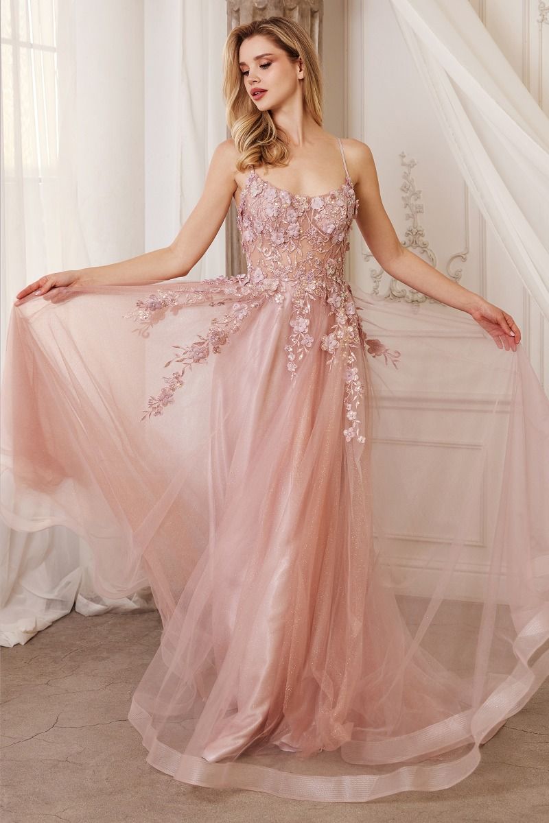 Andrea & Leo A1142 Floral Applique A-Line Gown, Dusty Rose / 6 Andrea & Leo A1142 Floral Applique A-Line Gown, Dusty Rose / 6
