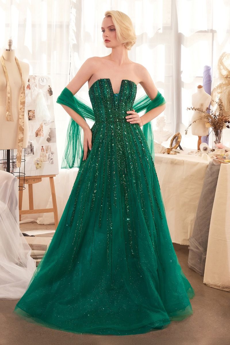 chinese dress ladies Andrea & Leo A1369 Strapless Ombre Beaded A Line Gown, Emerald / 12