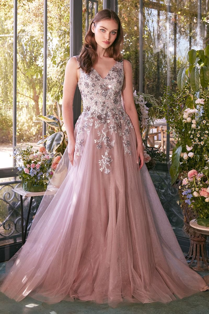 Sequin Bouquet V-Neck Gown by Andrea & Leo Couture A1401 Dusty Mauve / 12