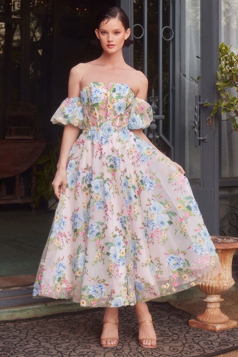 Andrea and Leo A1406 Tea-Length Floral Prom Dress Blue / 6