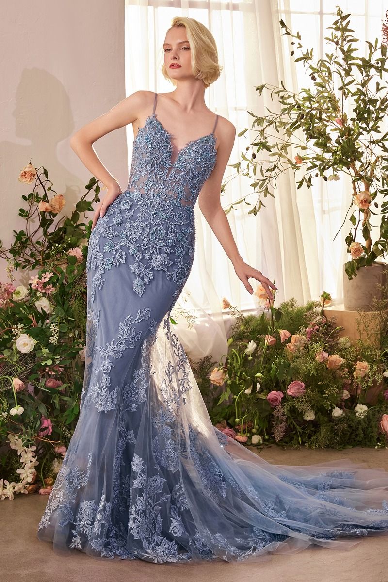 fitted lace wedding dress Lavender Sequin Embellished Mermaid Gown with Sheer Corset Bodice