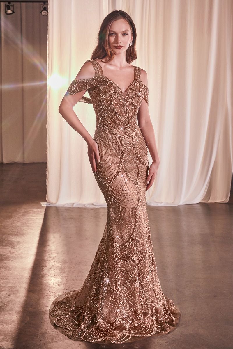 slim fit dress slacks Ladivine CC4020 Fully Beaded Sparkling Fit & Flare Gown, Sienna / 10
