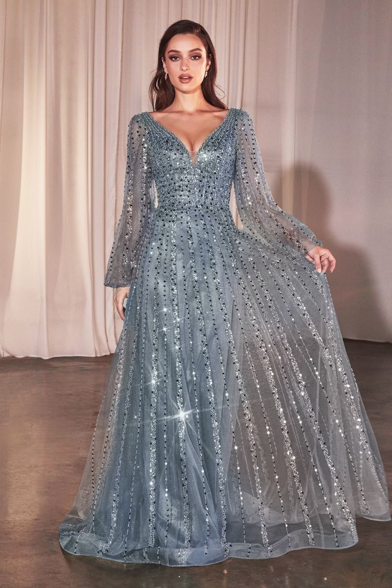 Long Sleeve A-Line Beaded Dress by Ladivine Style CD0240 Smoky Blue / 14 Long Sleeve A-Line Beaded Dress by Ladivine Style CD0240 Smoky Blue / 14