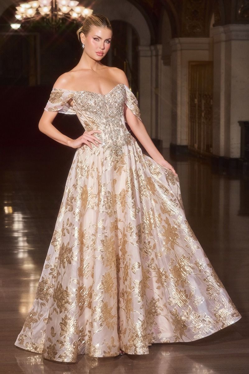 OFF THE SHOULDER BEADED EMBROIDERY ON JACQUARD OVERLAY BALL GOWN BY  LADIVINE CD682  Bridal Hive