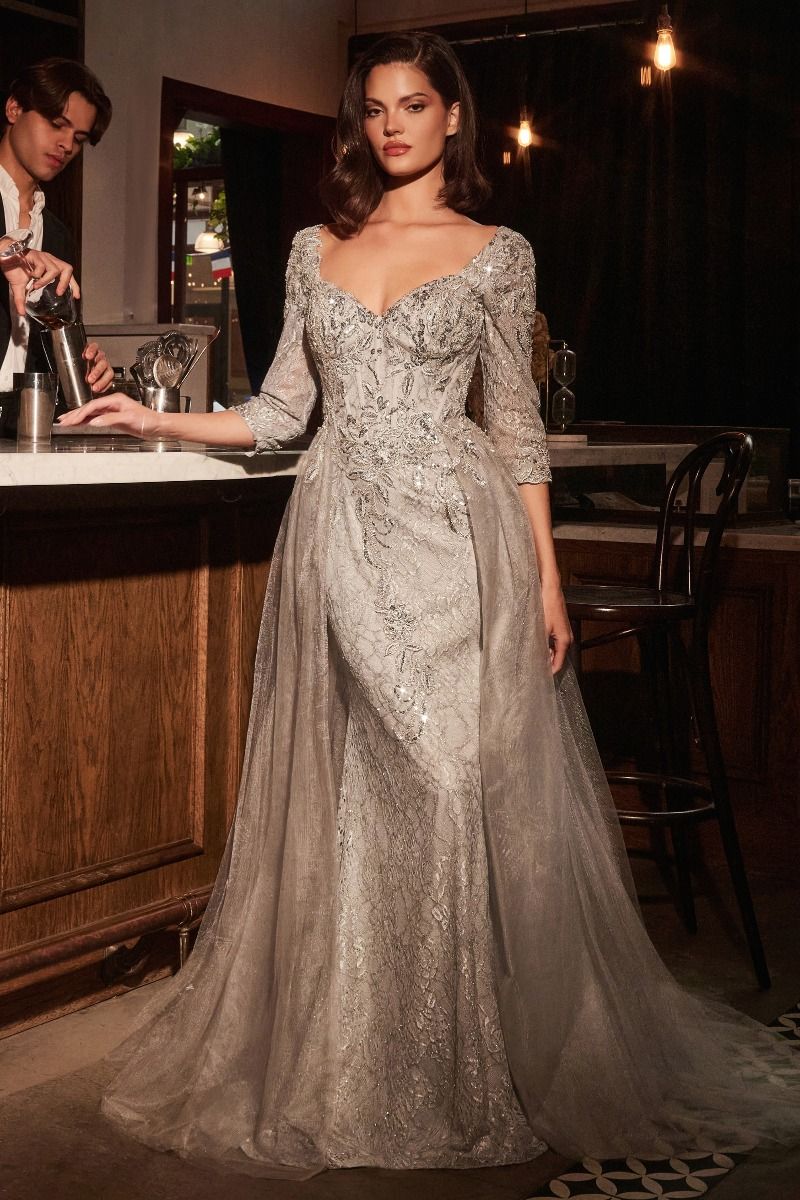 Ladivine CD749 Long Sleeve Lace Fitted Dress With Overskirt, Silver / 16