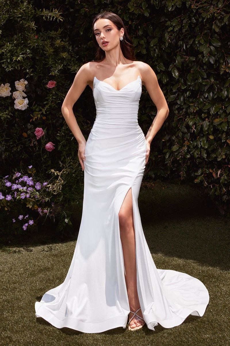 white silk fitted dress White Satin Halter Slit Gown by Ladivine CD796W