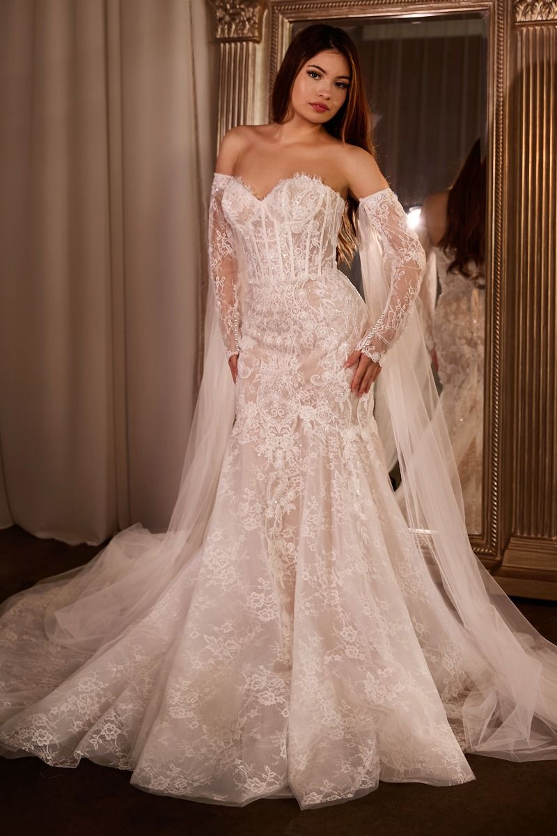 FITTED LACE MERMAID GOWN WITH SLEEVES BY LADIVINE CDS424W Bridal Hive FITTED LACE MERMAID GOWN WITH SLEEVES BY LADIVINE CDS424W Bridal Hive