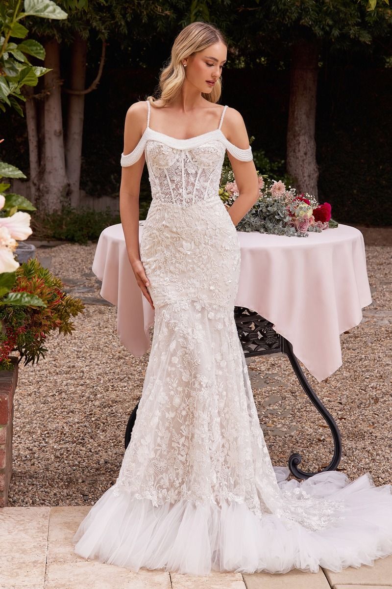 LaDivine CK703W Beaded Long Bridal Gown Fitted Lace Wedding Dress - Off White / 10 LaDivine CK703W Beaded Long Bridal Gown Fitted Lace Wedding Dress - Off White / 10