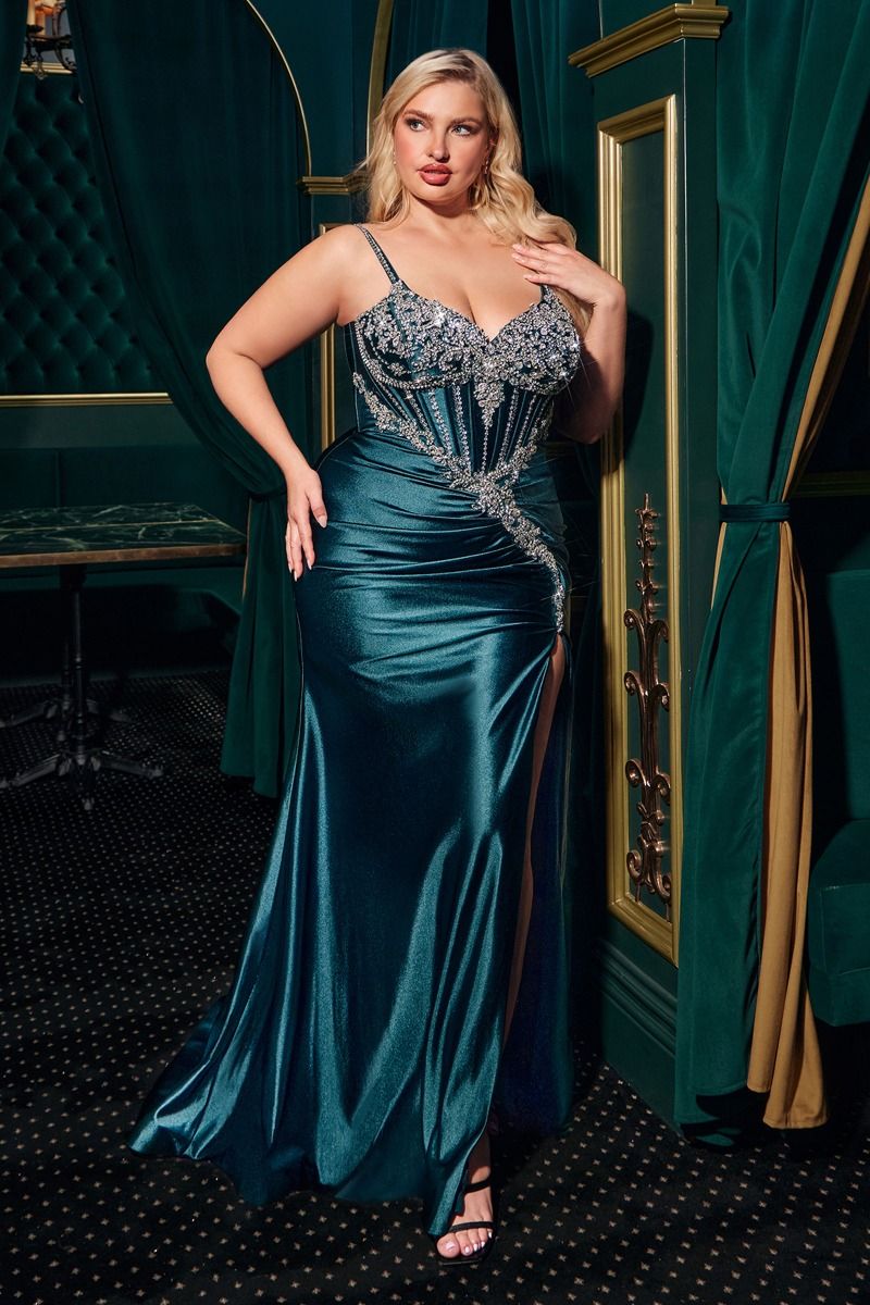 Ladivine CM383 Elegant Fitted Embellished Satin Formal Gown Black / 24