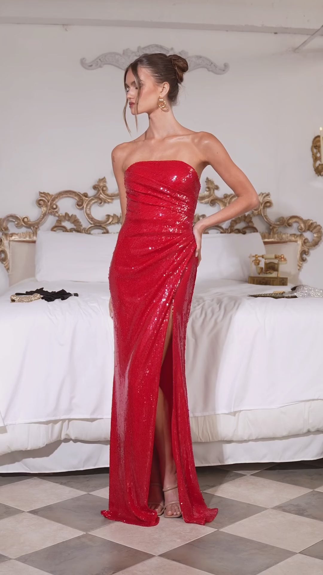 slim fit dress slacks Women's Sips & Sparkles Wine Red Sequin Strapless Midi Dress | Size: L