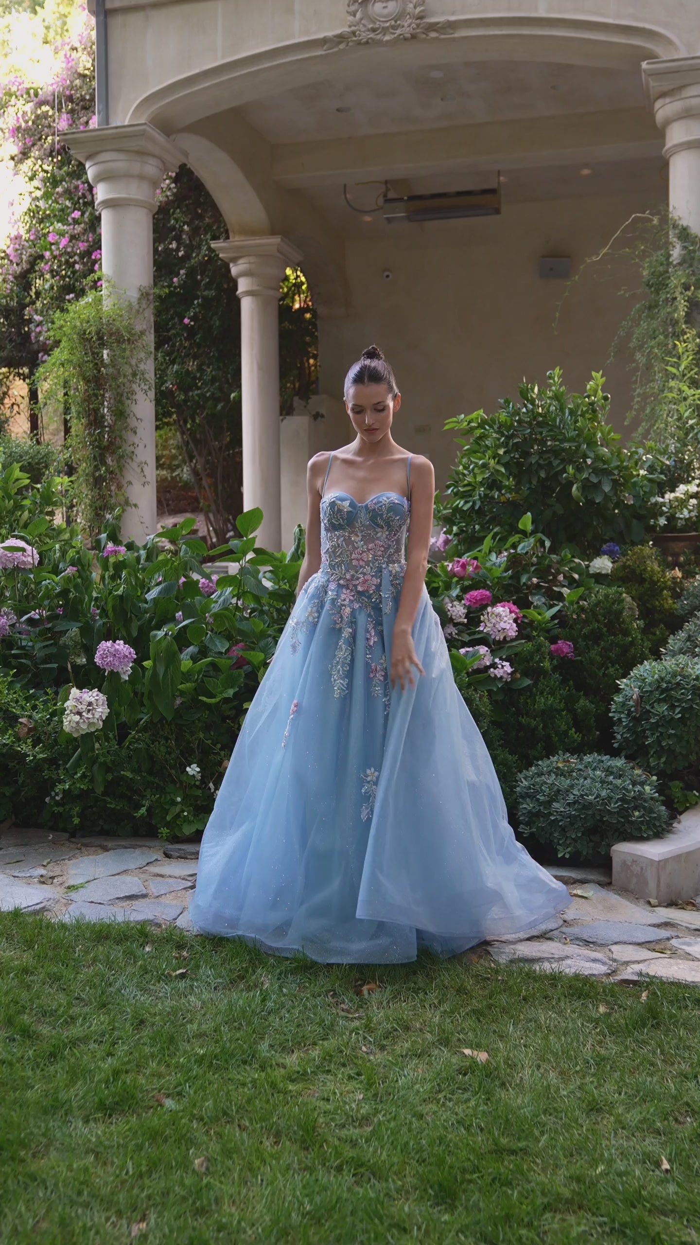 THIN STRAPS GLITTER TULLE BALL GOWN WITH FLORAL EMBROIDERY AND BUTTERFLY  MOTIFS BY ANDREA & LEO COUTURE A1490  Bridal Hive