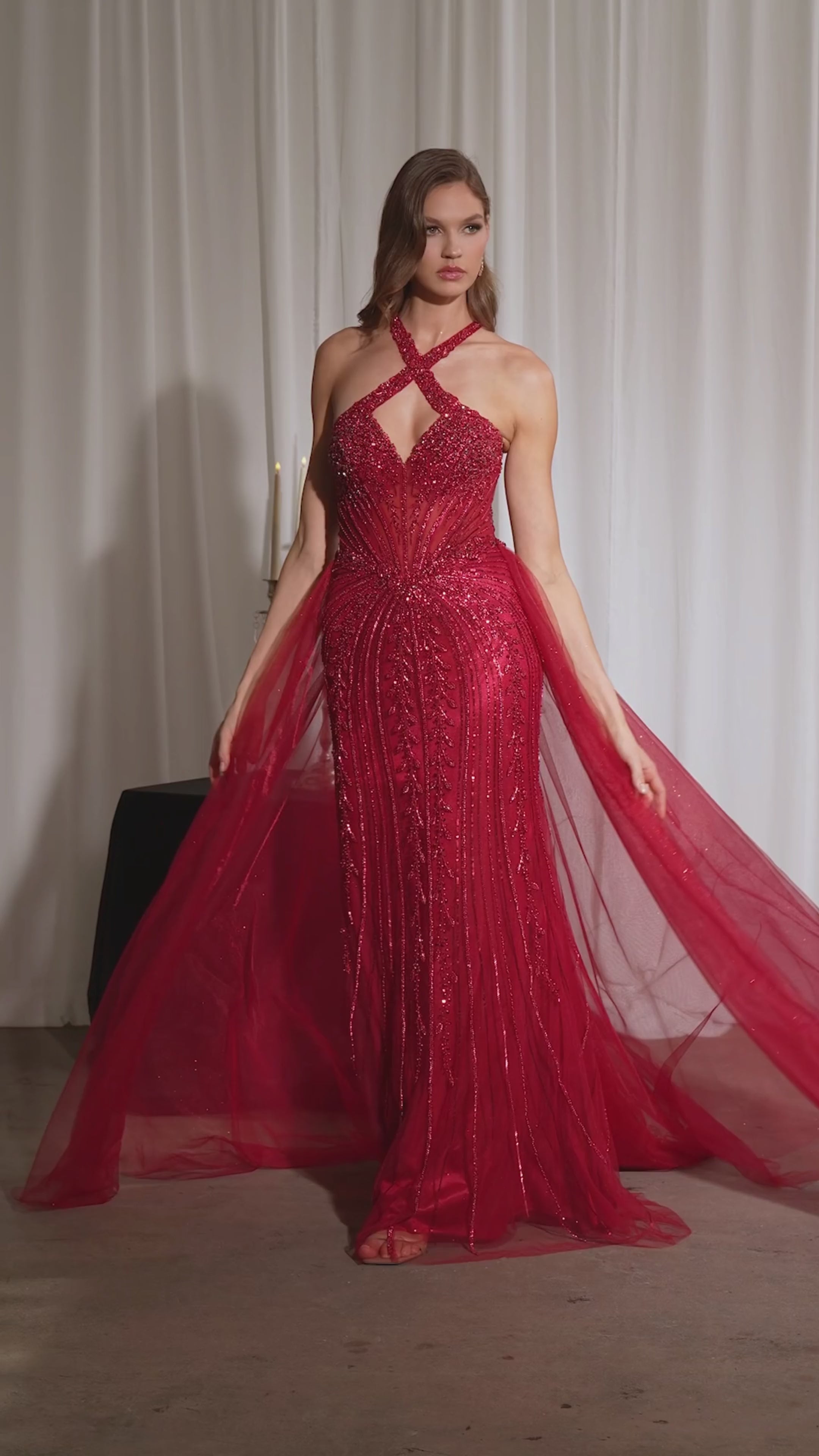 HALTER CROSSOVER NECKLINE FULLY BEADED FITTED GOWN WITH DETACHABLE  OVERSKIRT CC495  Bridal Hive