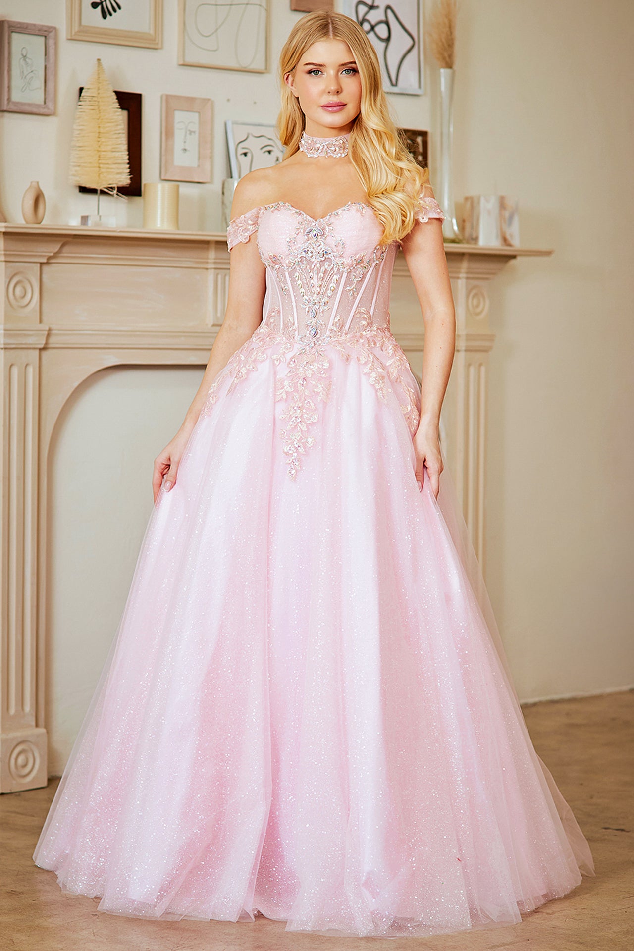 OFF THE SHOULDER A-LINE GLITTER TULLE AND BEADED LACE BALL GOWN BY AMELIA  COUTURE 8064 – Bridal Hive