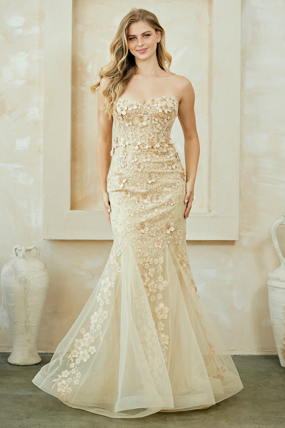 STRAPLESS FLORAL APPLIQUE MERMAID DRESS BY AMELIA COUTURE SU081 Bridal Hive STRAPLESS FLORAL APPLIQUE MERMAID DRESS BY AMELIA COUTURE SU081 Bridal Hive