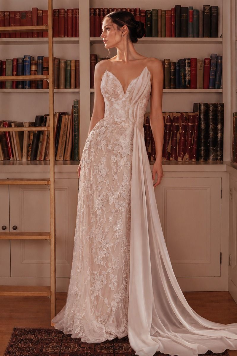 STRAPLESS LACE EMBROIDERED BEADED WEDDING DRESS BY LADIVINE CB168W – Bridal Hive