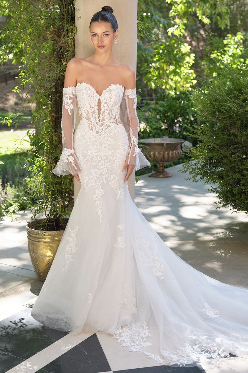 STRAPLESS MERMAID LACE EMBROIDERED TULLE SKIRT WEDDING GOWN WITH REMOVABLE  SLEEVES WL065 – Bridal Hive