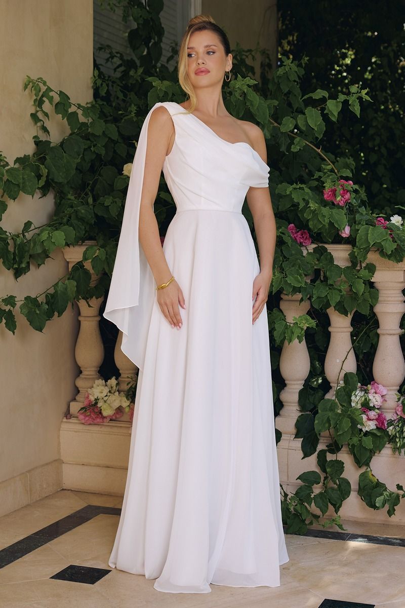 ONE SHOULDER A-LINE BRIDAL DRESS BY AMORIS T716W – Bridal Hive