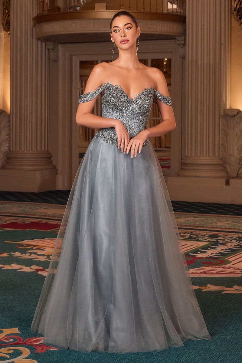 OFF THE SHOULDER CRYSTAL & SEQUIN A-LINE GOWN BY LADIVINE STYLE 