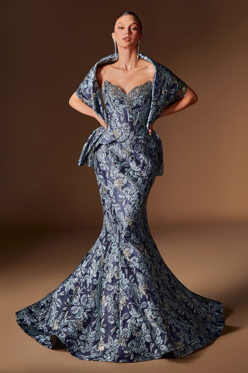 FITTED MERMAID FLORAL JACQUARD GOWN BY LADIVINE CD655 – Bridal Hive