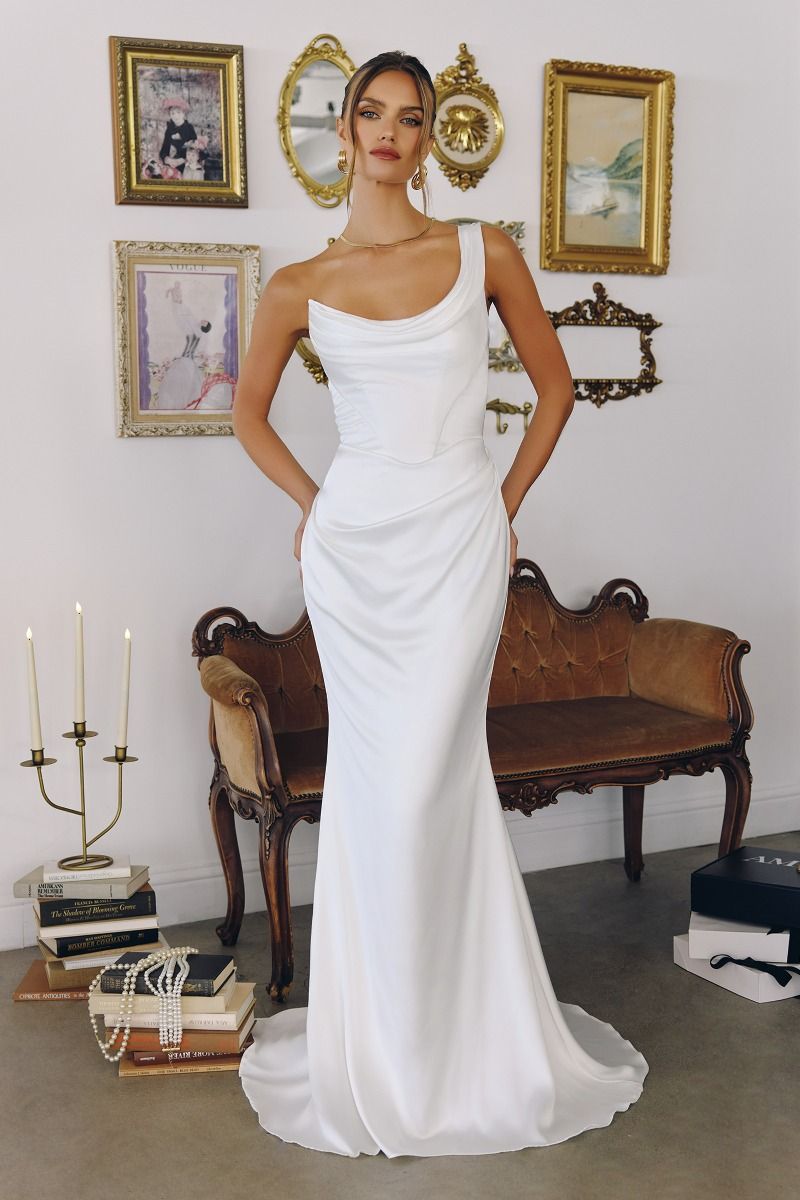 slim fit dress slacks ONE SHOULDER FITTED BRIDAL DRESS BY AMORIS T727W – Bridal Hive