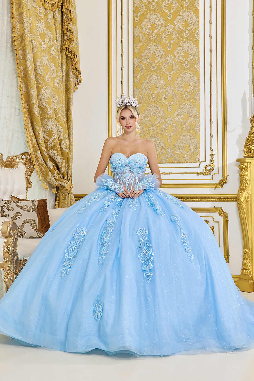 STRAPLESS EMBROIDERED LACE TULLE BALL GOWN WITH DETACHABLE PUFF SLEEVES BY DANCING  QUEEN 5091 – Bridal Hive