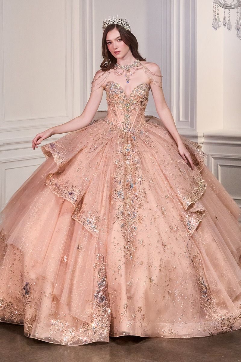 STRAPLESS GLITTER TULLE QUINCEANERA BALL GOWN WITH SHOULDER CHAINS BY LADIVINE 15727 Bridal Hive STRAPLESS GLITTER TULLE QUINCEANERA BALL GOWN WITH SHOULDER CHAINS BY LADIVINE 15727 Bridal Hive