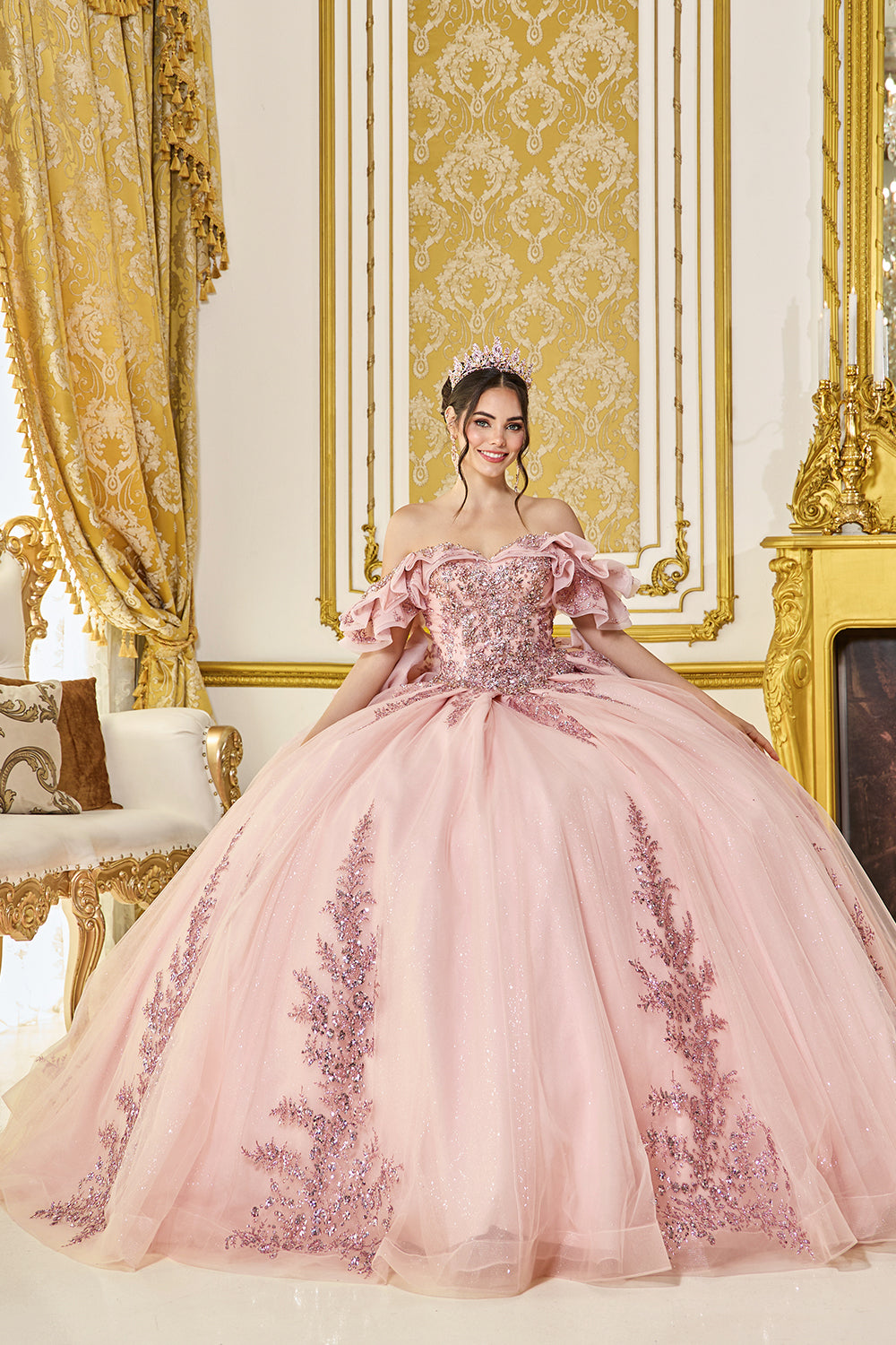 open lace back dress OFF SHOULDER RUFFLE SLEEVES BEADED BALL GOWN BY DANCING QUEEN 5106 – Bridal  Hive