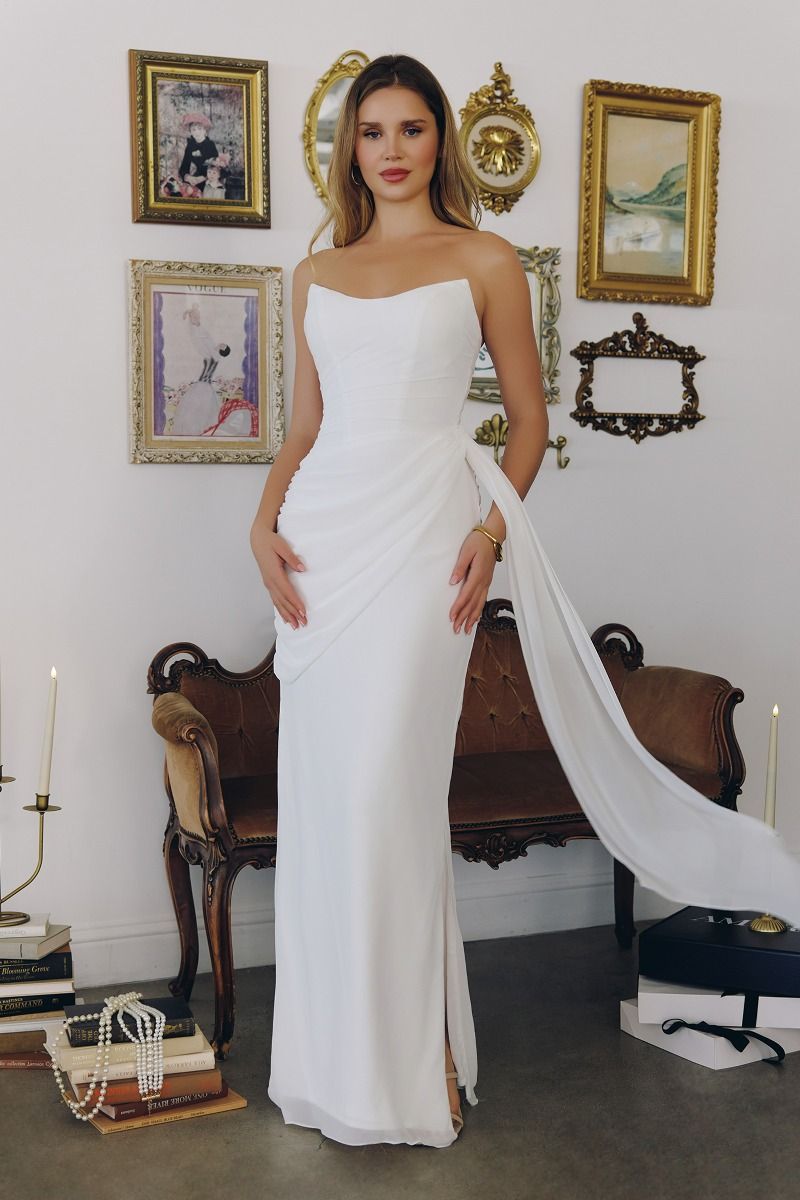 STRAPLESS FITTED CHIFFON BRIDAL DRESS WITH SIDE SASH BY AMORIS T726W