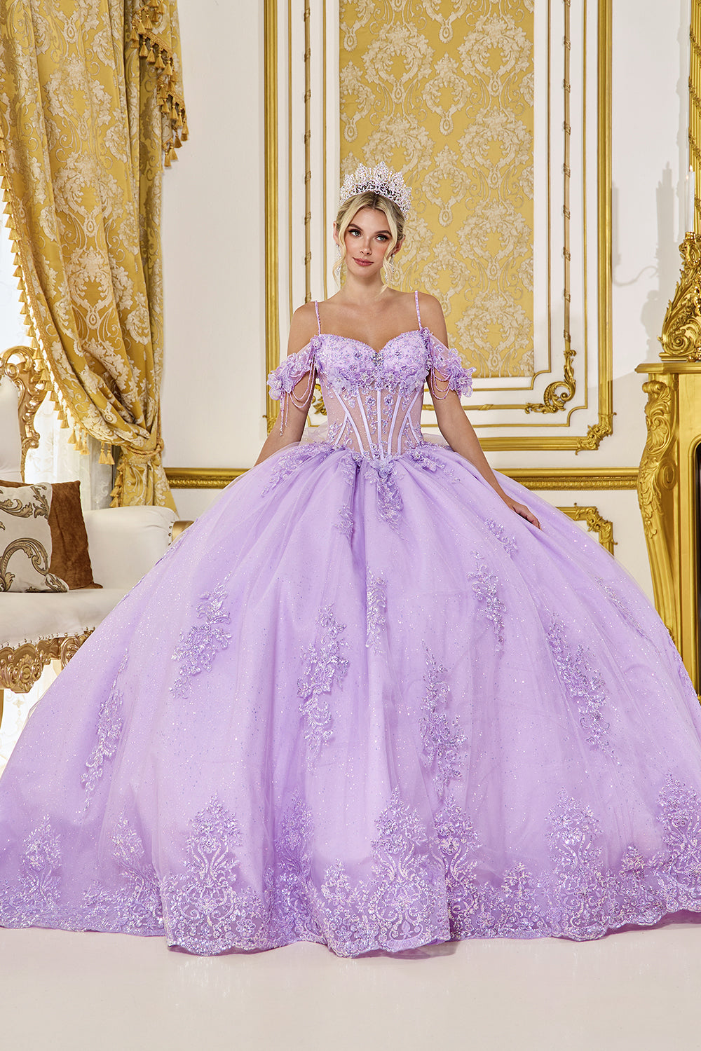 quinceanera corset dress nearby Ladivine 15710 Long Shimmer Lace Corset Ballgown quinceanera Dress off the shoulder M / Greenery