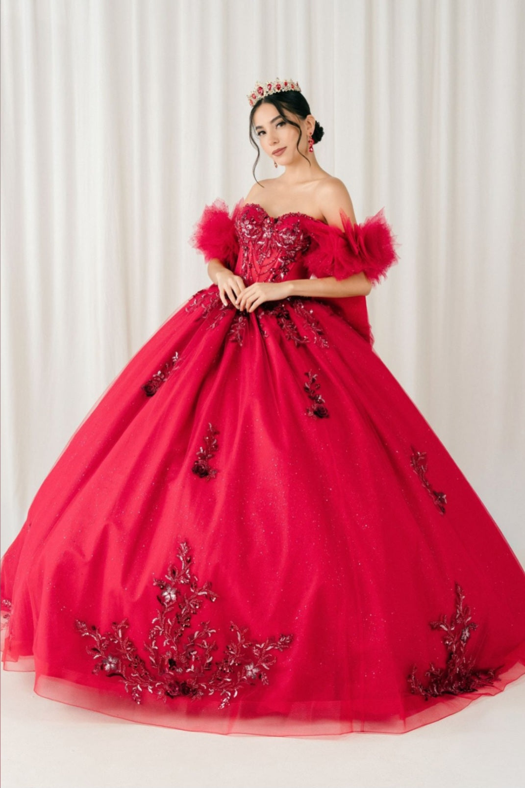STRAPLESS GLITTER TULLE BALL GOWN BEADED BODICE WITH DETACHABLE PUFF SLEEVES BY CINDERELLA COUTURE 8380J Bridal Hive STRAPLESS GLITTER TULLE BALL GOWN BEADED BODICE WITH DETACHABLE PUFF SLEEVES BY CINDERELLA COUTURE 8380J Bridal Hive