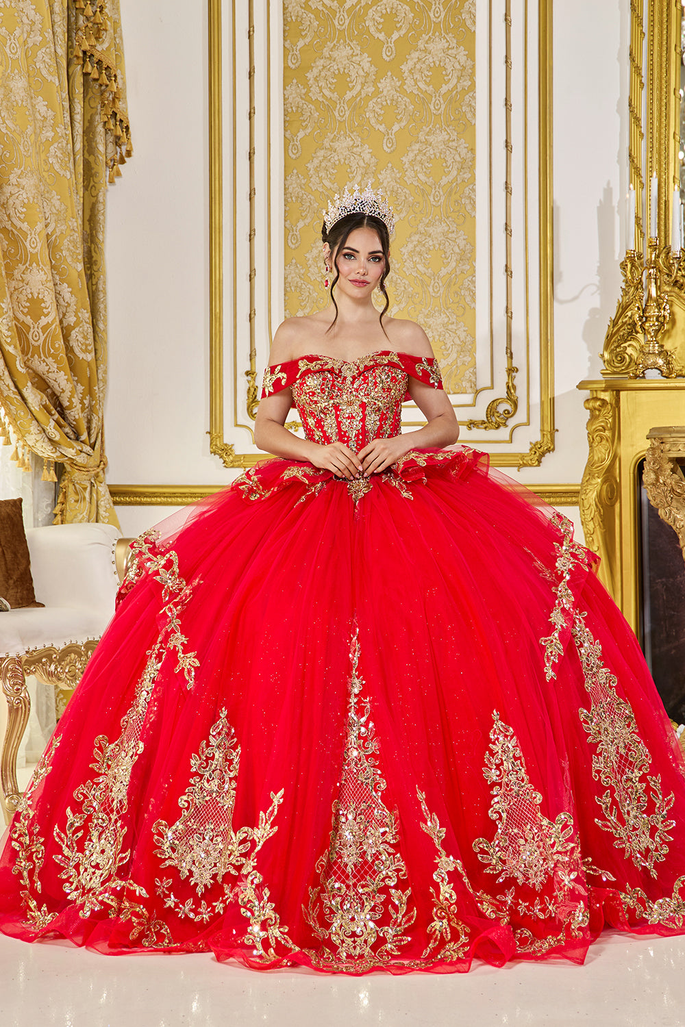OFF SHOULDER EMBROIDERED LACE QUINCEANERA TULLE BALL GOWN BY DANCING QUEEN  5086  Bridal Hive