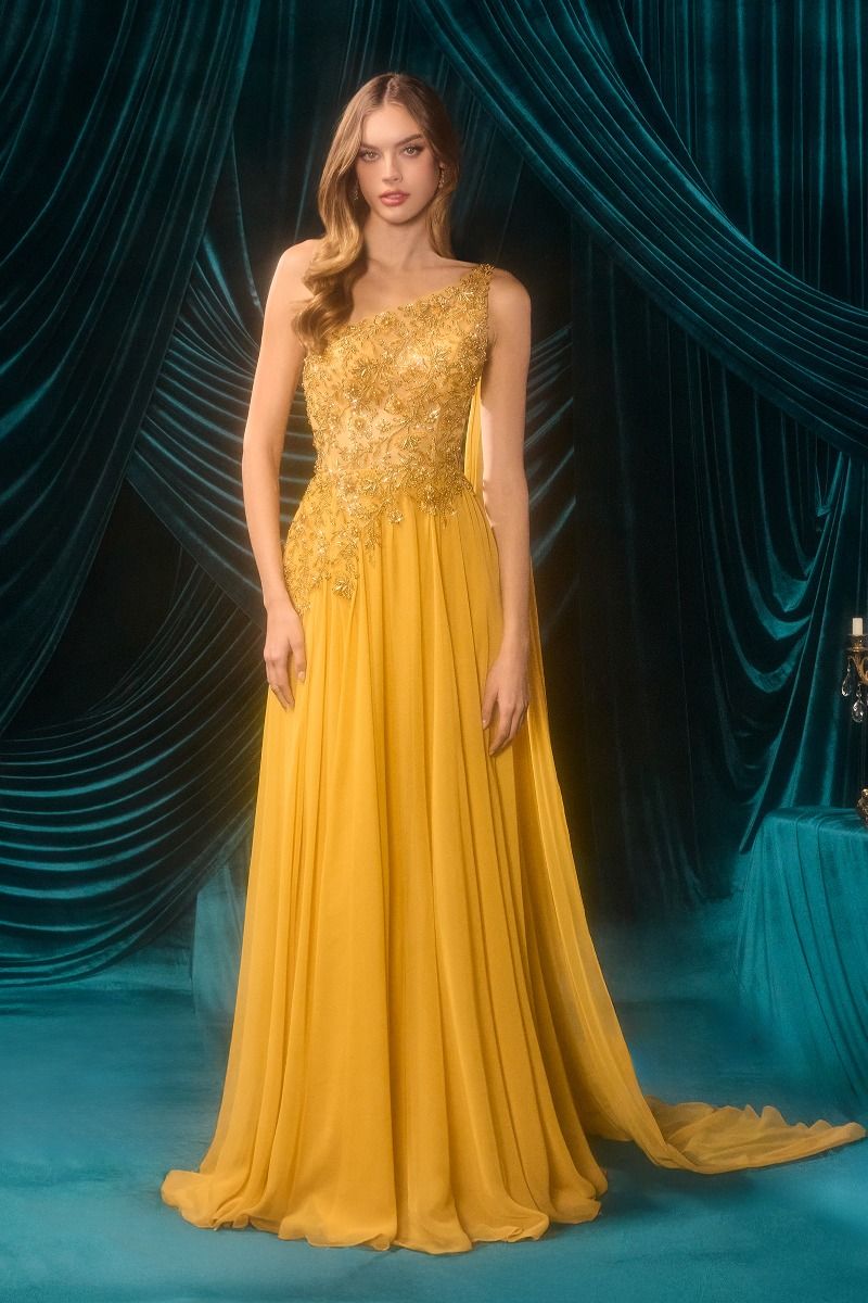 chinese dress ladies ONE SHOULDER BEADED FLORAL APPLIQUE GOWN WITH ATTACHED CAPE DRAPE BY ANDREA  & LEO A1495 – Bridal Hive