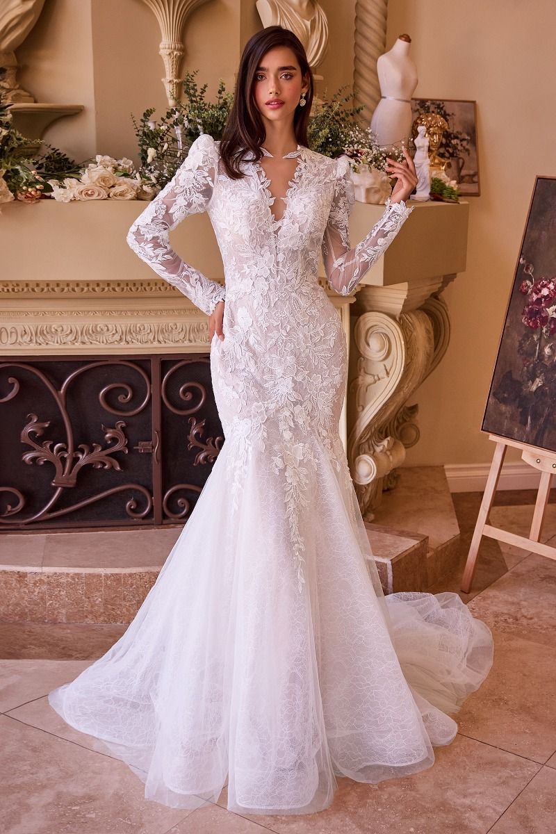 LONG SLEEVE LACE MERMAID BRIDAL GOWN BY ANDREA & LEO COUTURE WL036 OFF WHITE-NUDE / 6 LONG SLEEVE LACE MERMAID BRIDAL GOWN BY ANDREA & LEO COUTURE WL036 OFF WHITE-NUDE / 6